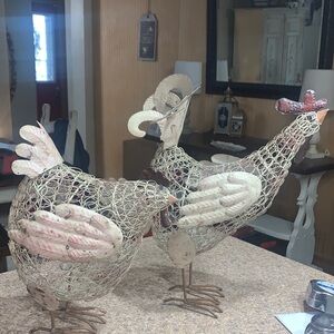 Large Artistic Wire Chicken Sculptures - Cream and Red